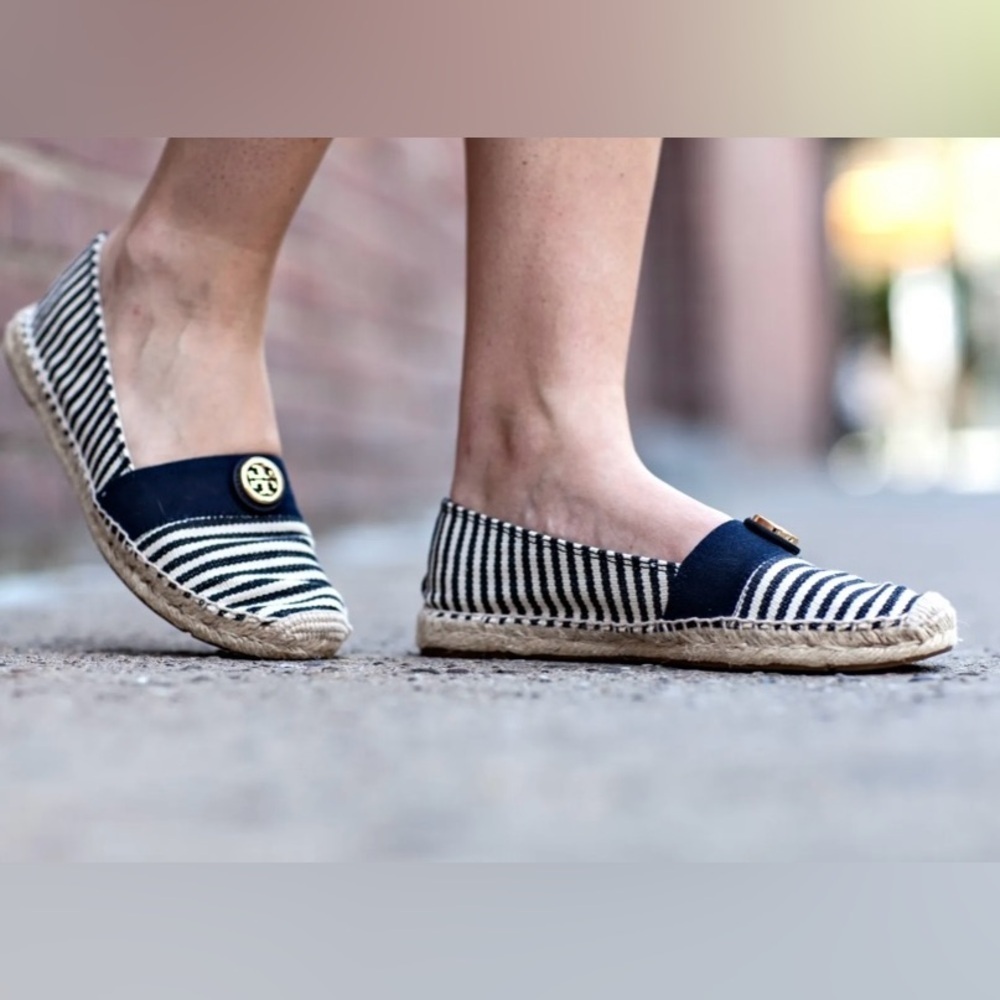 Tory Burch Beacher Black & White Stripped Slip on Espadrilles- 8